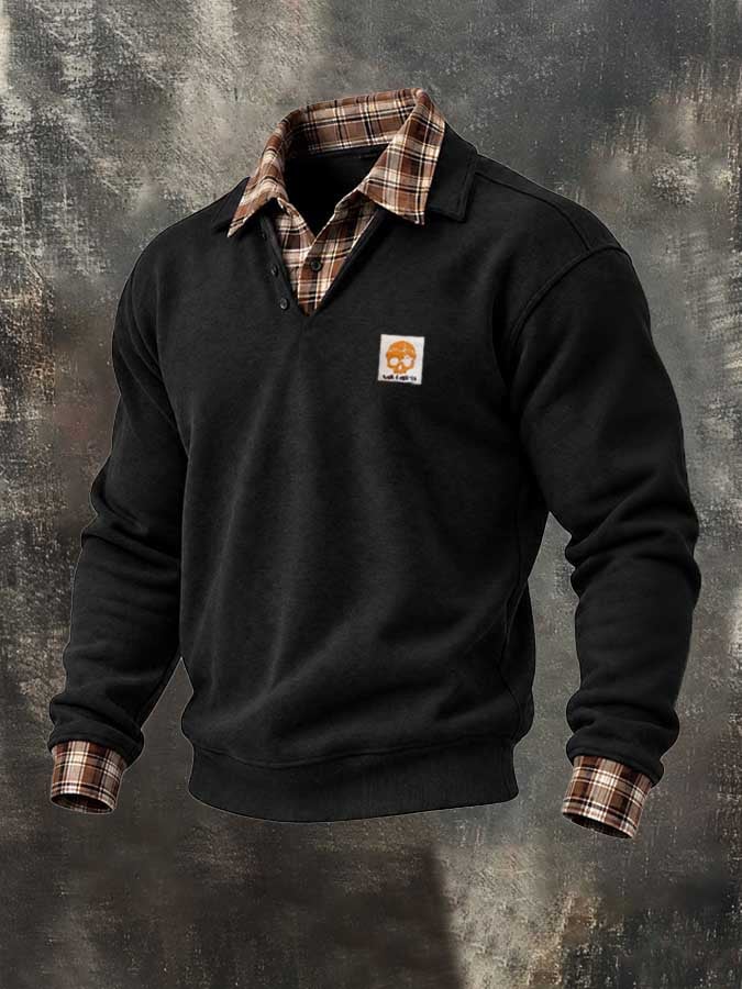 Men’s Vintage-Style Plaid-Patchwork Faux-Layered Sweatshirt
