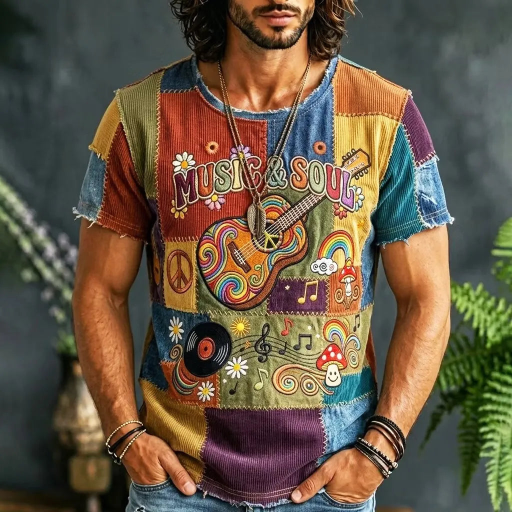 Men's Rainbow Mushroom Vinyl Peace Print Crew Neck Short Sleeve T-Shirt