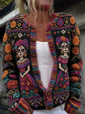 Women's Day Of The Dead Sugar‐Skull Ladies Floral Geometric Ornament Elements Print Knit Cardigan