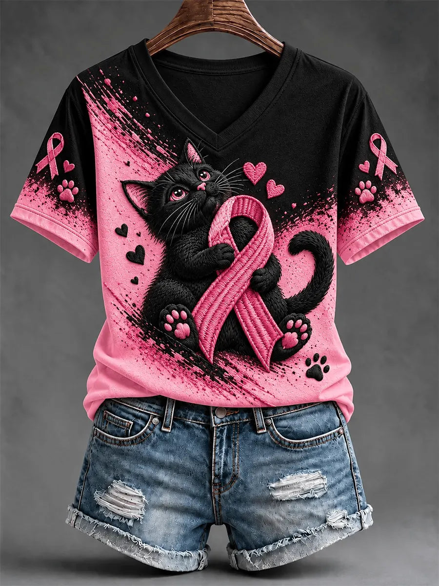 Women's Breast Cancer Cat Print Top