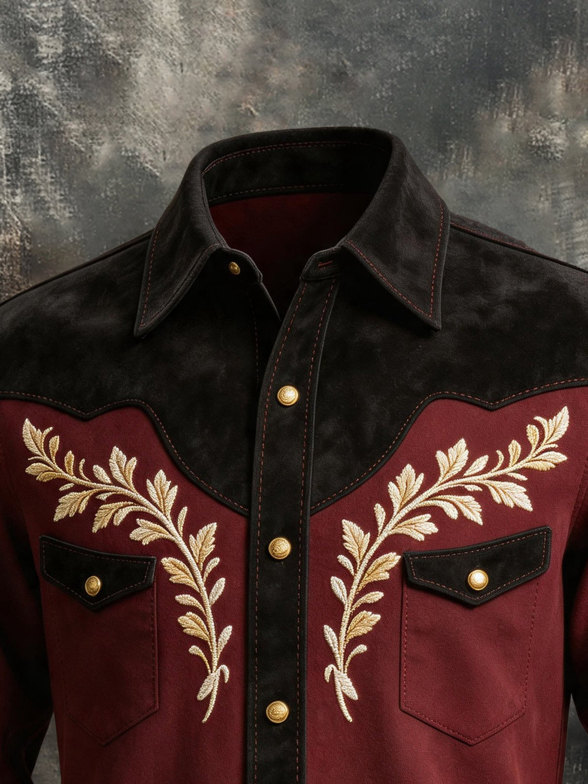 Men's Vintage Western Shirt with Suede Paneling and Embroidery