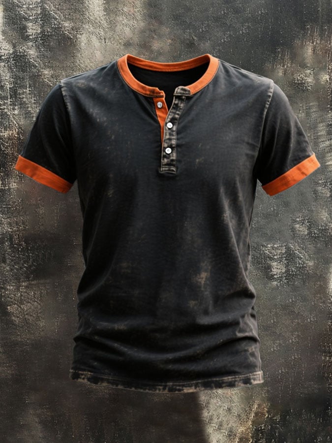 Men's Vintage Distressed Colorblock Casual Henley Short Sleeve T-Shirt