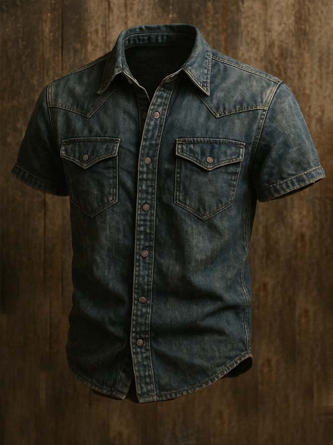Men's vintage twill shirt with two pockets and short sleeves in a used look