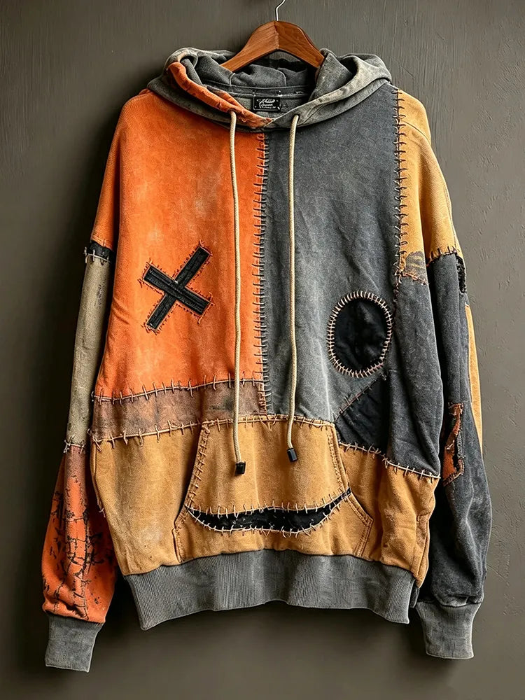 Men's Retro Halloween Smiley Face Patchwork Warm Hoodie