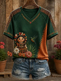 Women's Folk Doll Hummingbird Geometric Print V Neck Raglan T-Shirt