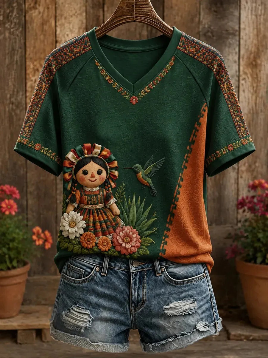 Women's Folk Doll Hummingbird Geometric Print V Neck Raglan T-Shirt