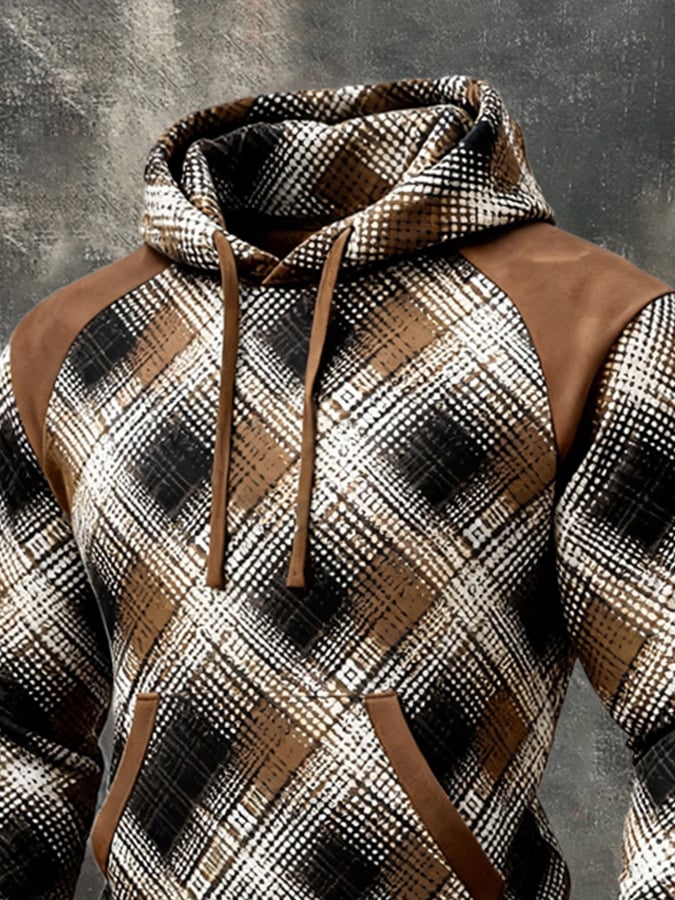 Men'S Retro Color-Block Print Hoodie With Contrasting Details
