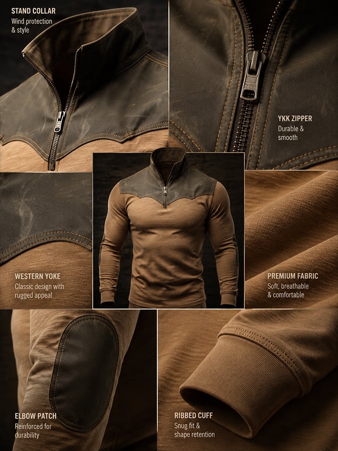 Men Workwear Quarter‐Zip With Elbow Patches
