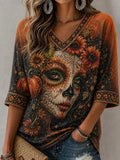 Women's Day Of The Dead Catrina Sunflower Pumpkin Print Mid-length Sleeves V-Neck T-Shirt