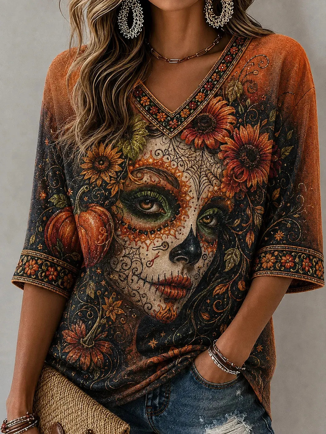 Women's Day Of The Dead Catrina Sunflower Pumpkin Print Mid-length Sleeves V-Neck T-Shirt