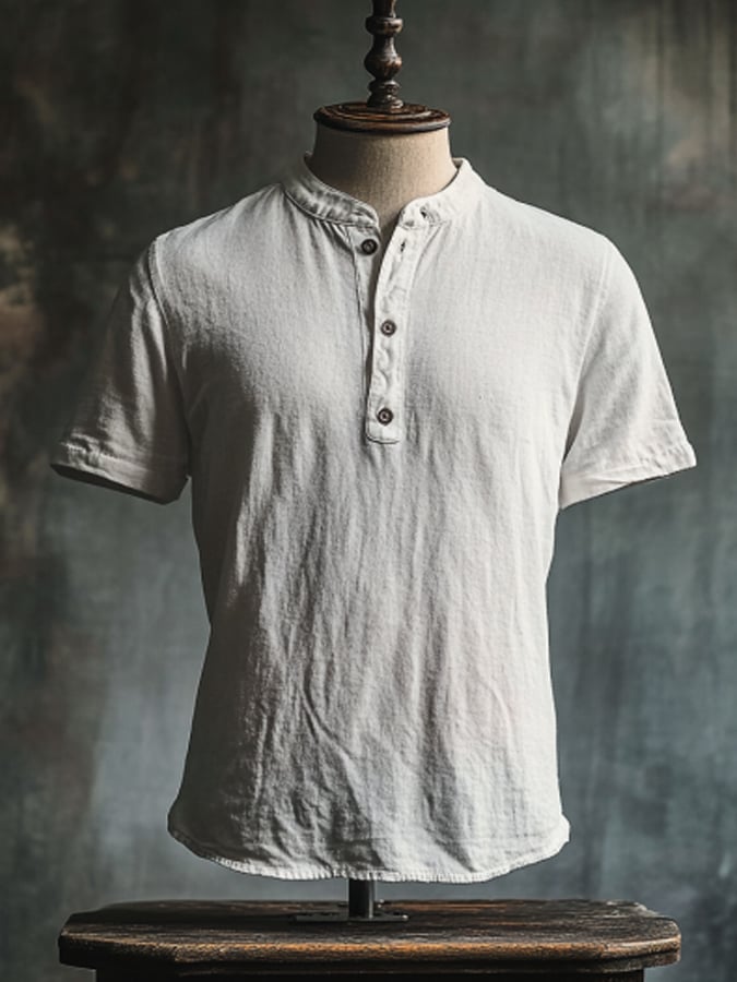 Men's Vintage Premium Distressed Henley Short Sleeve T-Shirt