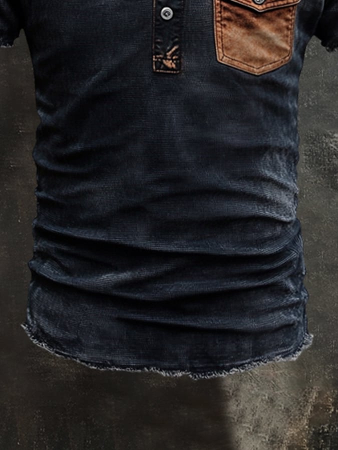 Men's T-shirt with Henry collar and contrasting seams in washed cotton