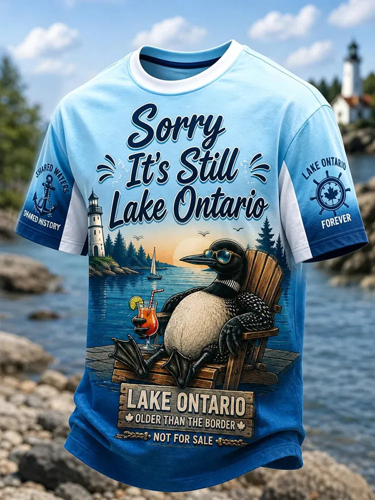 Men's Retro Lake Ontario Landscape Print Crew Neck Short Sleeve T-shirt