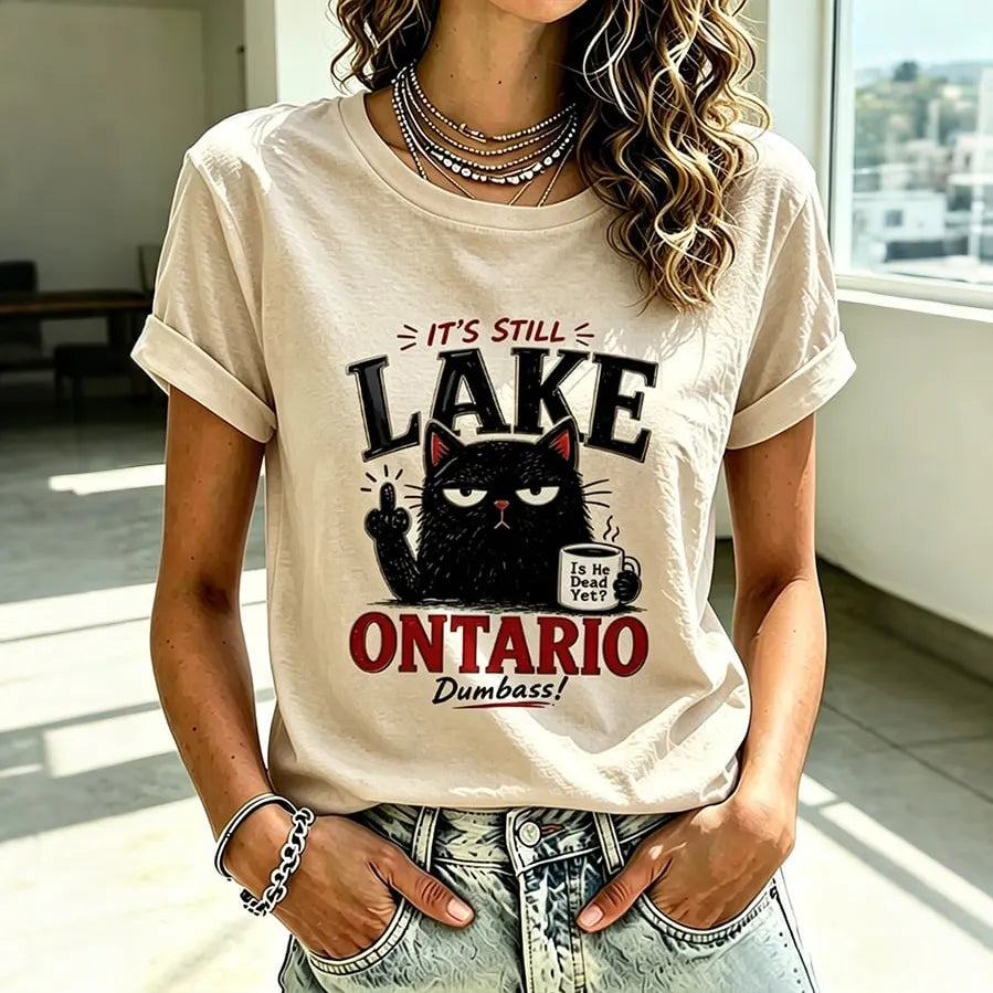 Women's Retro Lake Ontario Cat Art Print Crew Neck Short Sleeve T-shirt