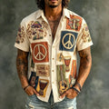 Men's Love and Music Mushroom Music Instrument Patchwork Print Short Sleeve Buttons Shirt