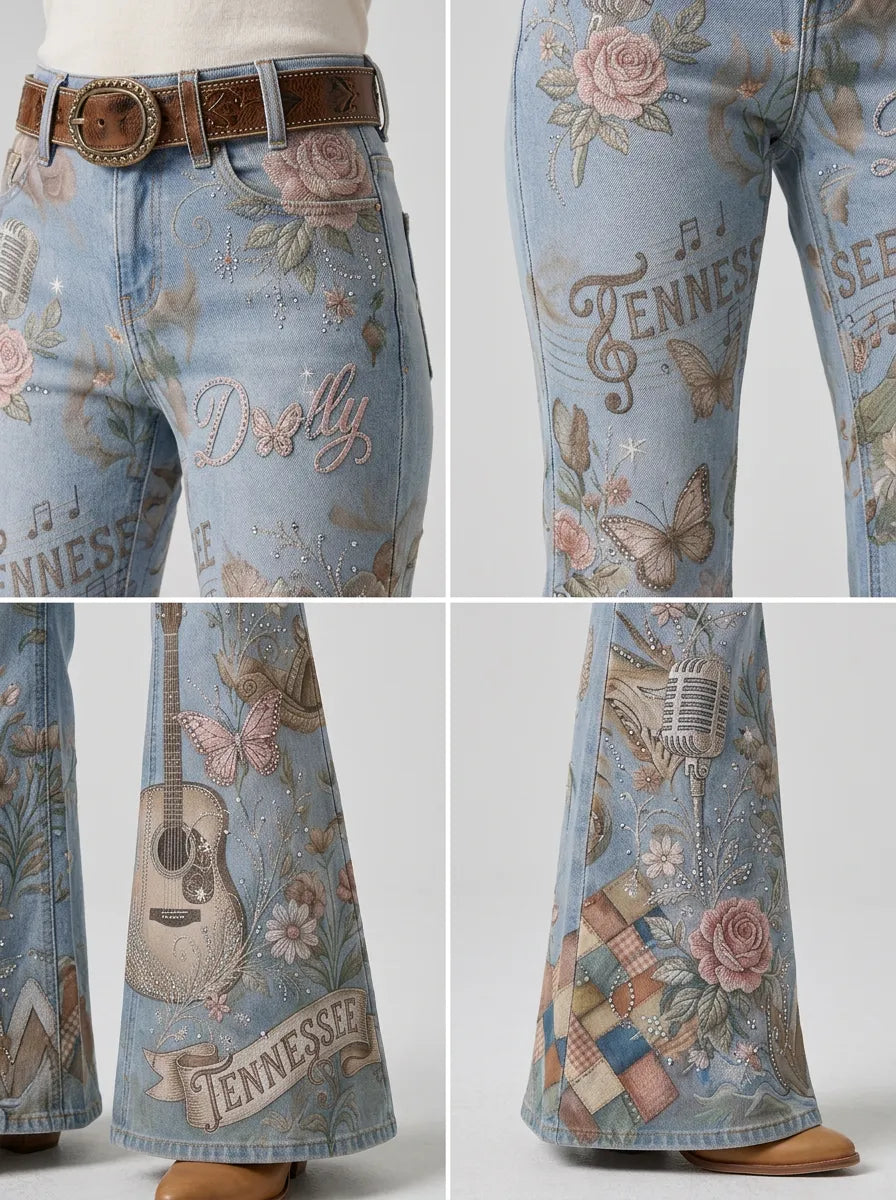 Women's Dolly Parton Country Music Guitar Rose Printed Flare Pants