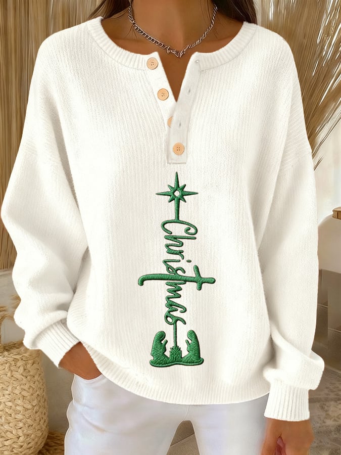 Women's Christmas Print Knit Button-Up Top