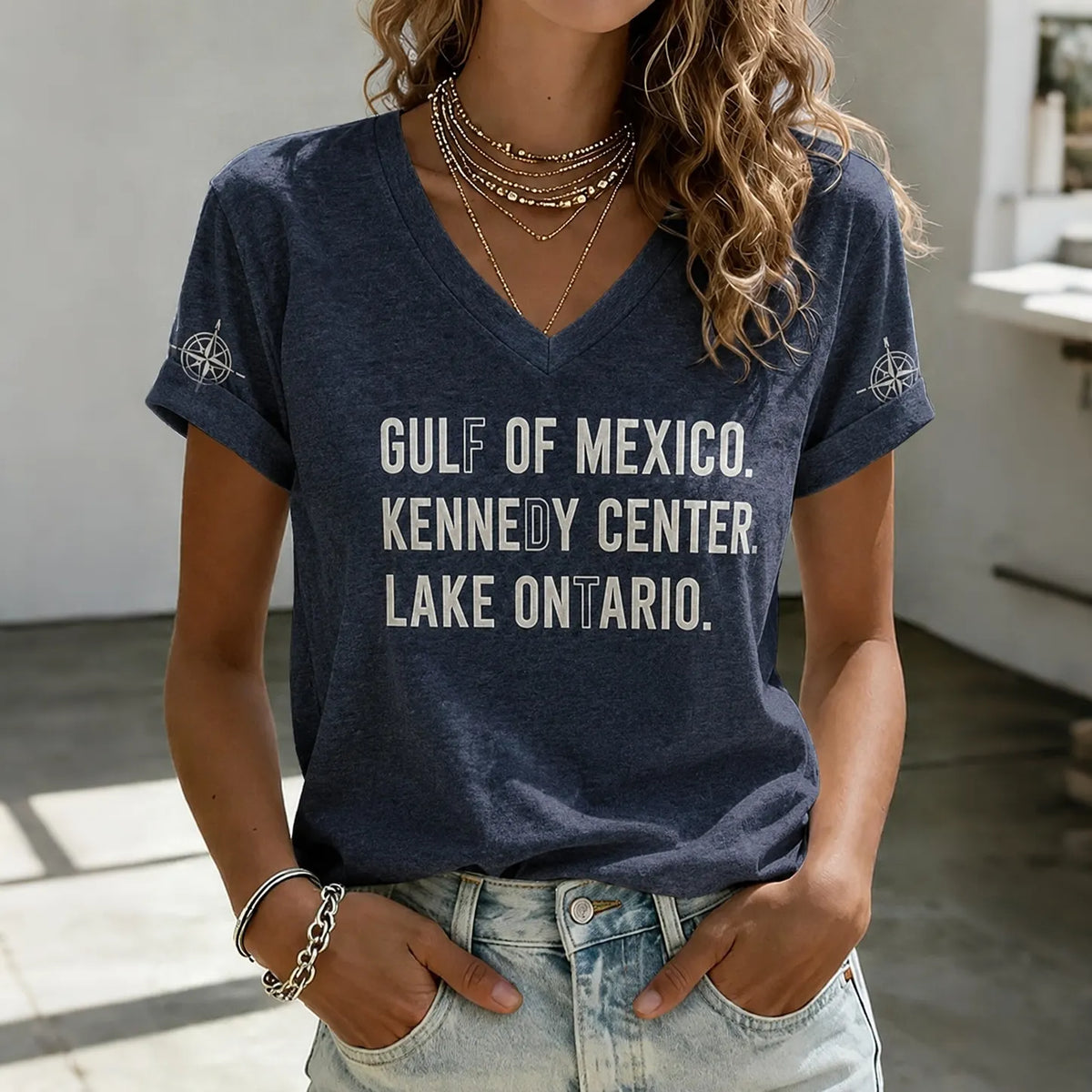V Neck Retro Fdt Gulf Of Mexico. Kennedy Center. Lake Ontario. Print T-shirt