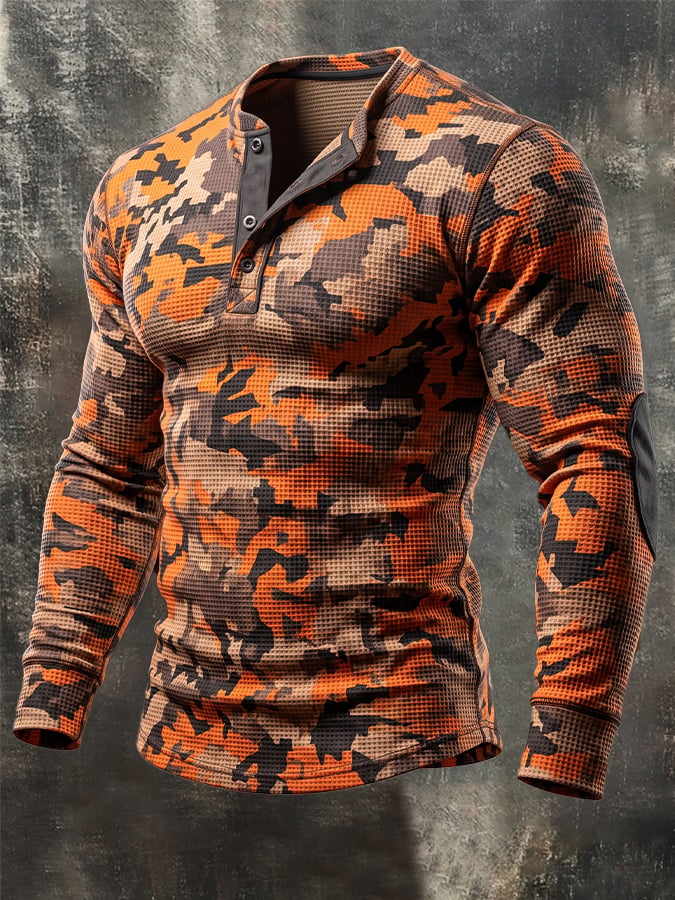 Men's Vintage Camouflage Long-Sleeve Henley T-Shirt