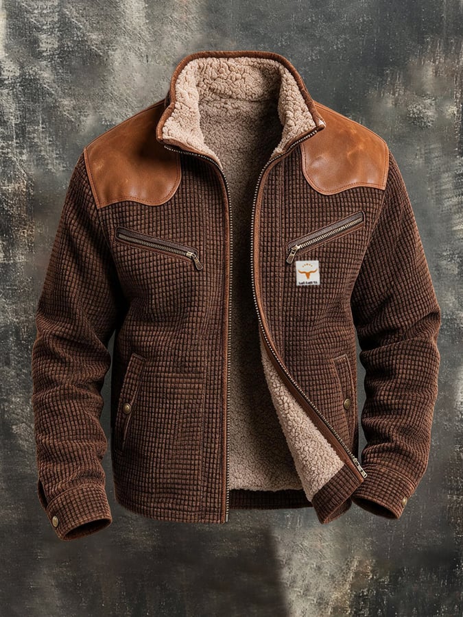 Men'S Vintage Western-Style Color-Block Leather Jacket With Textured Checkered Paneling