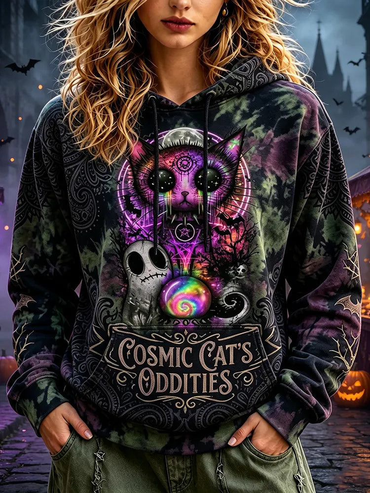 Women's Vintage Cosmic Cat Oddities Halloween Witchy Tie Dye Hoodie
