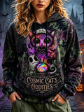 Women's Vintage Cosmic Cat Oddities Halloween Witchy Tie Dye Hoodie