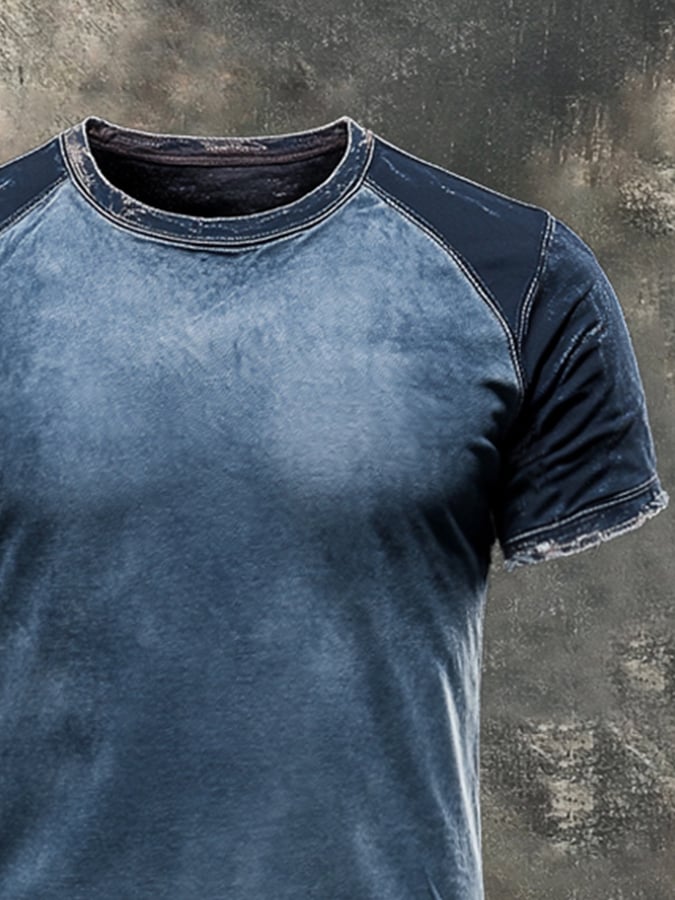 Men's casual short-sleeved retro washed colorblock t-shirt