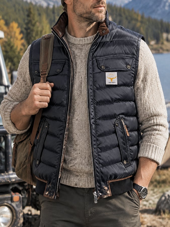 Men's Retro Leather-Panelled Insulated Outdoor Hooded Vest
