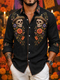 Men's Day Of The Dead Symmetrical Hat‐Wearing Skulls Floral Print Shirt