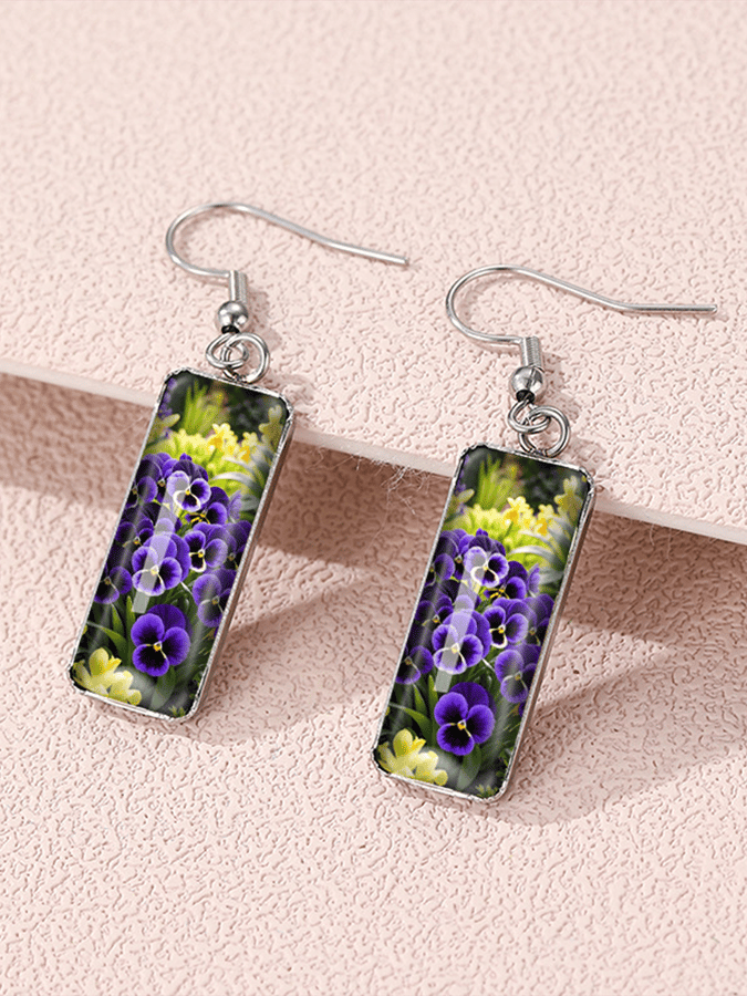 Purple Square Pansy Design Earrings