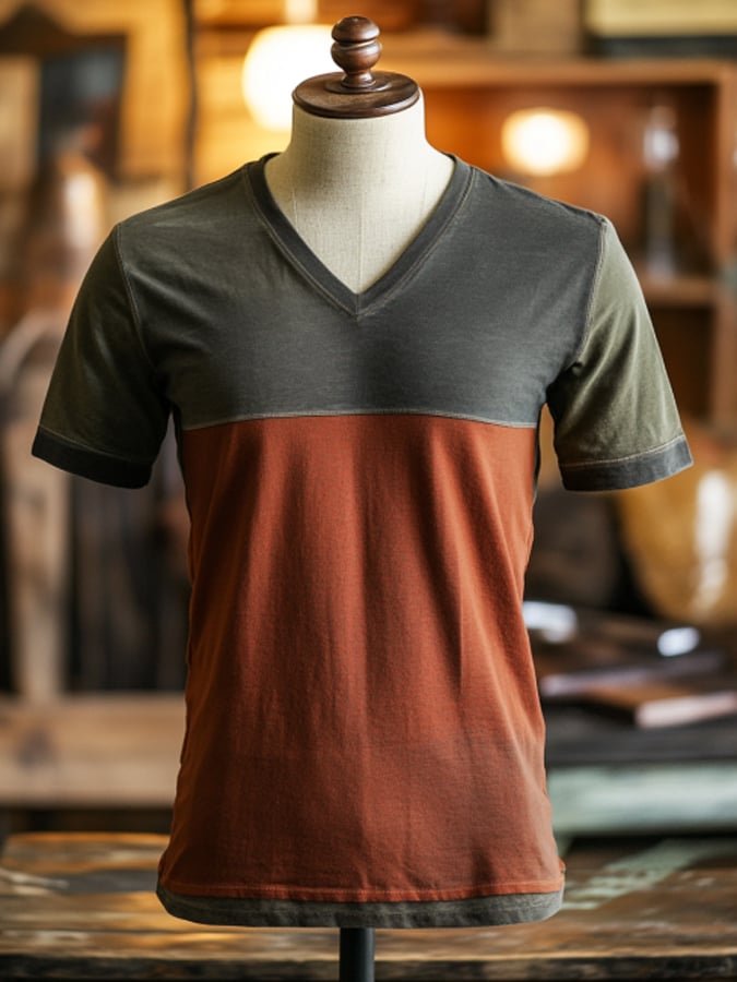 Men's vintage-look colorblock V-neck short-sleeved T-shirt