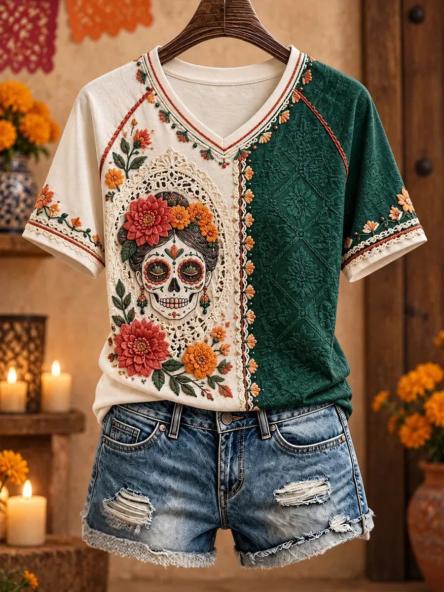 Women's Day Of The Dead Sugar Skull Lace Frame Vibrant Mixed Floral Blooms Print V Neck Raglan T-Shirt