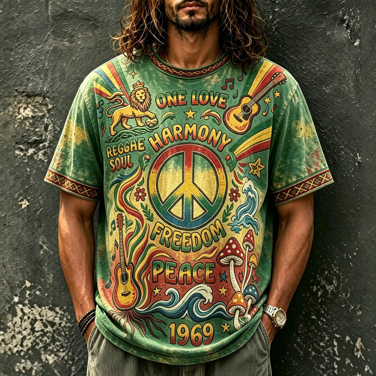 Men's One Love Reggae Lion Peace Print Crew Neck Short Sleeve T-Shirt