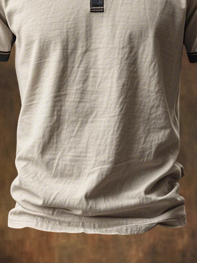 Men's Vintage Distressed Colorblock Casual Henley Short Sleeve T-Shirt