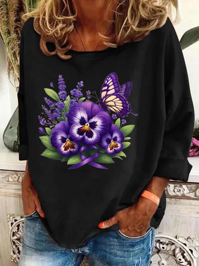 Women's Alzheimer's Awareness Purple Floral Print Casual Sweatshirt