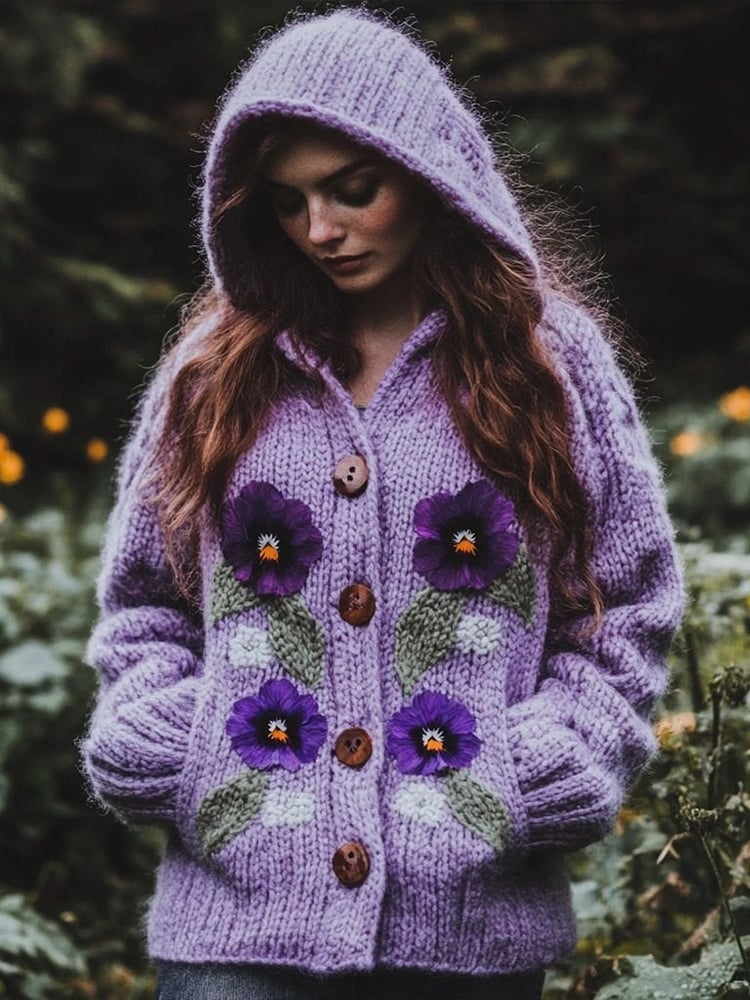 Women's Purple Flowers Embroidery Pattern Cozy Hooded Cardigan