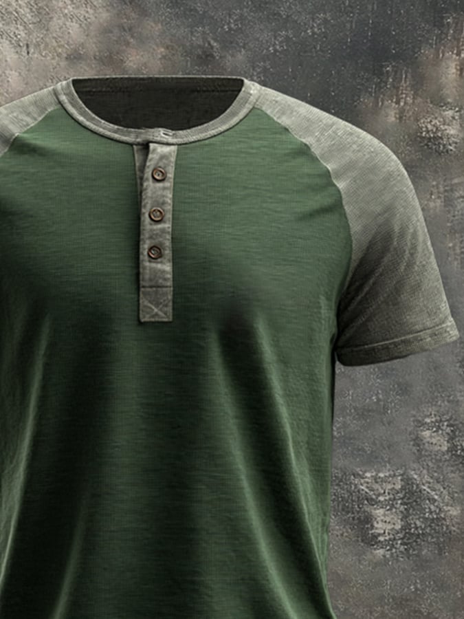 Men's casual retro wash colorblock Henley T-shirt