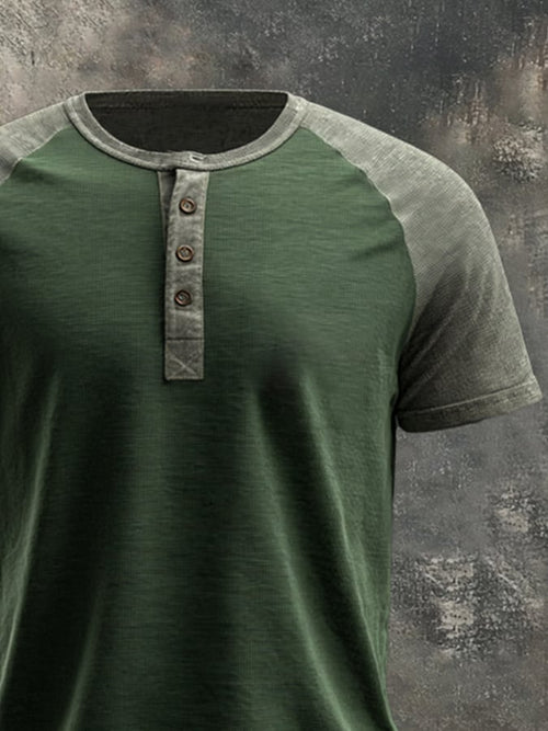 Men's casual retro wash colorblock Henley T-shirt