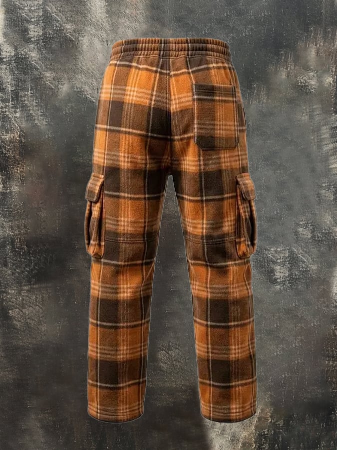Men’s Vintage Plaid Color-Block Fleece-Lined Warm Casual Cargo Pants