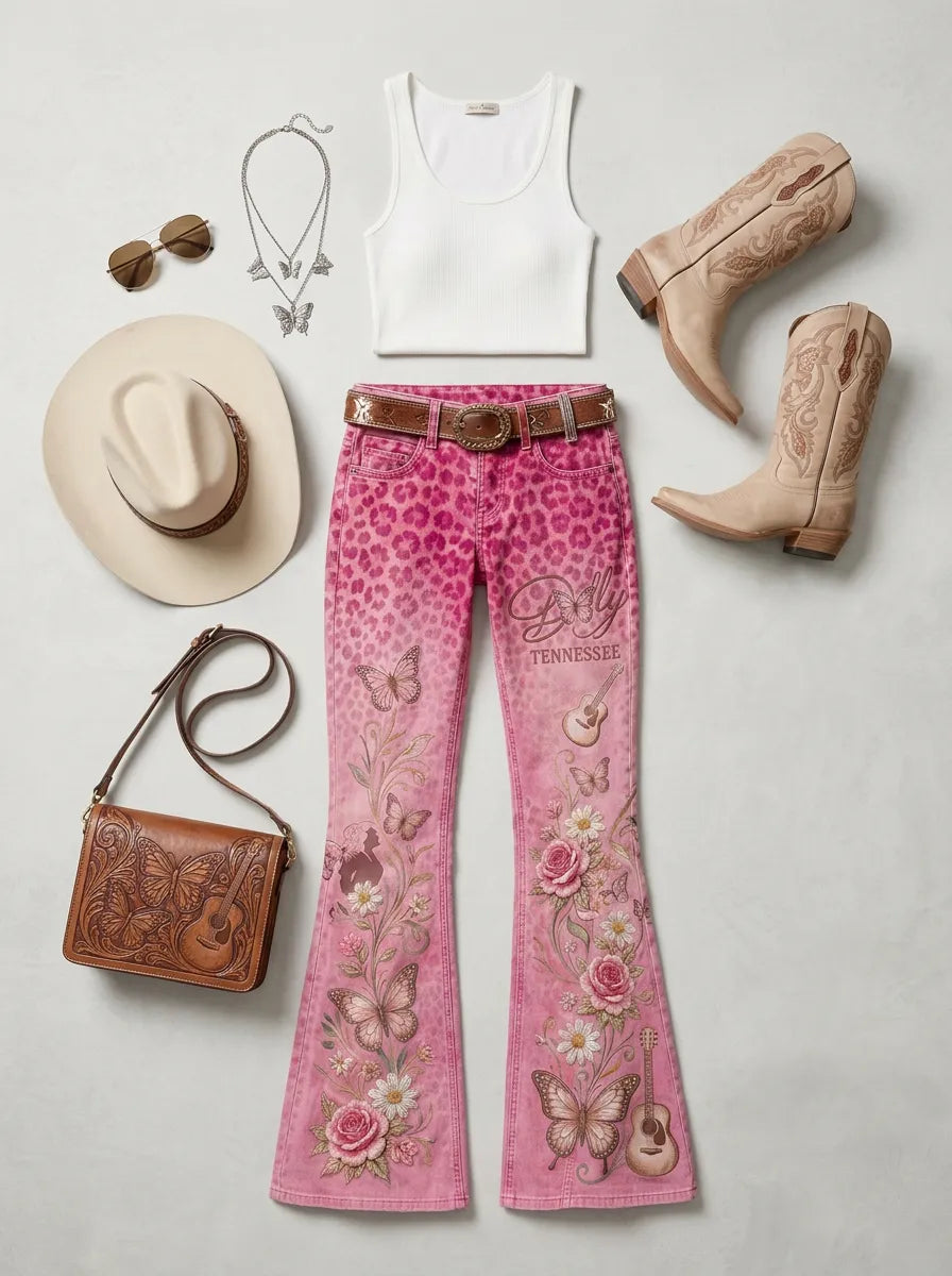 Women's Dolly Parton Tennessee 9to5 Butterfly Rose Guitar Printed Flare Pants