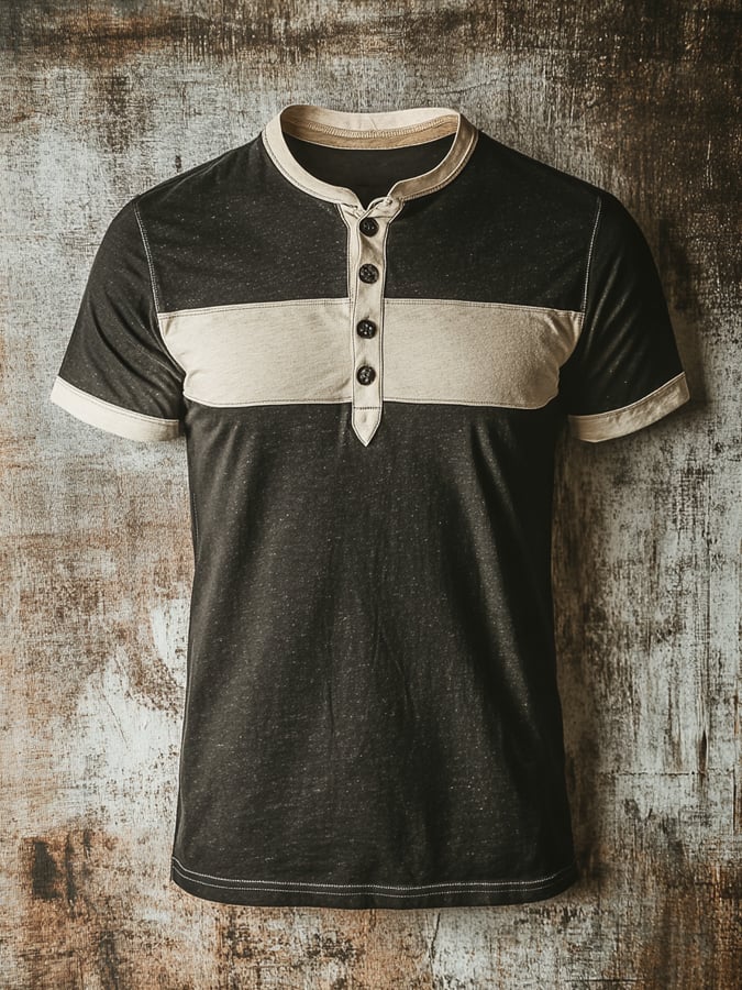 Men's casual retro color block Henley T-shirt