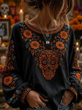 Women's Day Of The Dead Skull Marigold Floral Print Lantern Sleeve Top