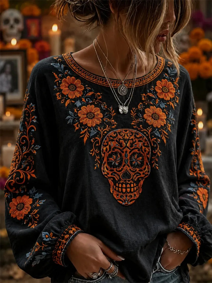 Women's Day Of The Dead Skull Marigold Floral Print Lantern Sleeve Top