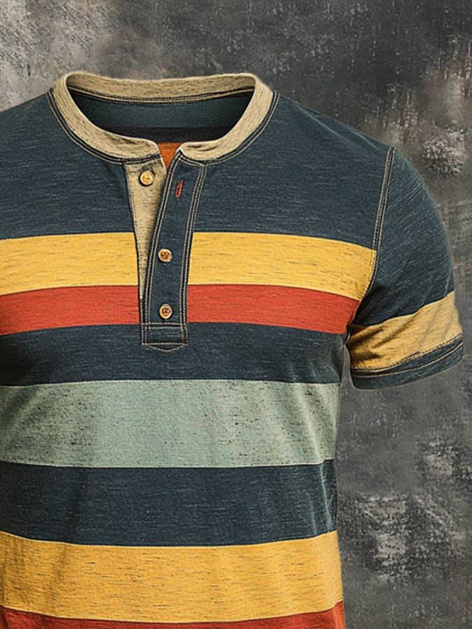 Men's Vintage Striped Casual Henley Short Sleeve T-Shirt