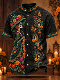 Men's Day Of The Dead Dressed Skeleton Lady Shrine Candle Colorful Blooms Graphic Stand Collar Short Sleeve Shirt