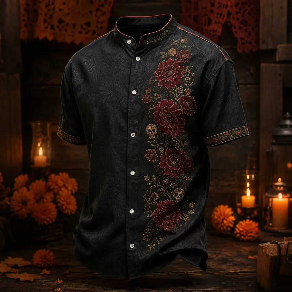 Men's Blooms And Tiny Sugar Skulls Day of the Dead Print Stand Collar Short Sleeve Shirt