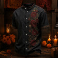 Men's Blooms And Tiny Sugar Skulls Day of the Dead Print Stand Collar Short Sleeve Shirt