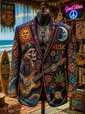 Men's Hippie Skull Guitar Sun Moon Music Is Life Peace Symbol Floral Print Corduroy Blazer