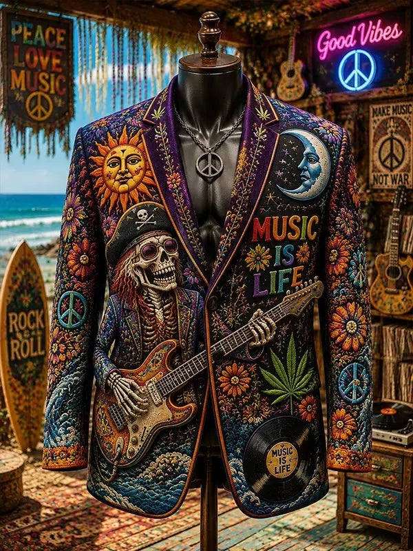 Men's Hippie Skull Guitar Sun Moon Music Is Life Peace Symbol Floral Print Corduroy Blazer