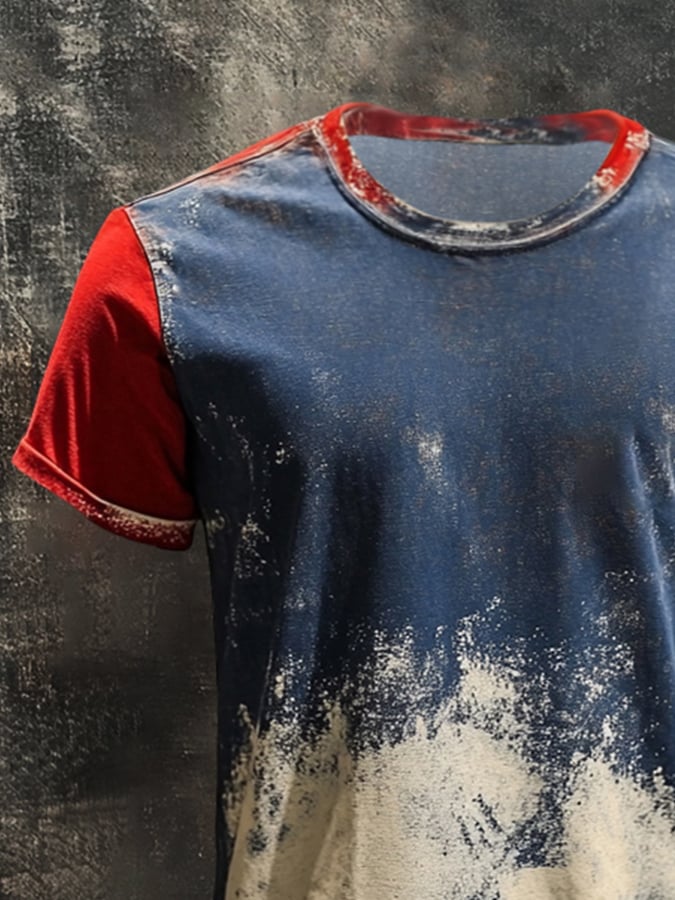 Men's retro style color block round neck short sleeve t-shirt